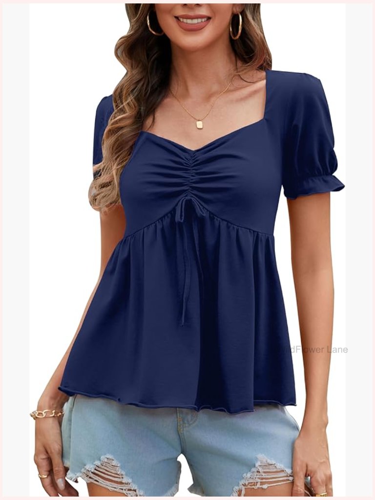 Empire Waist Babydoll Peplum Top Ruched V Neck Tie Front Short Sleeve Tee